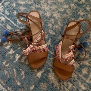CUTE VEGAN LEATHER FRINGE HEELS WITH POM POM STRAP